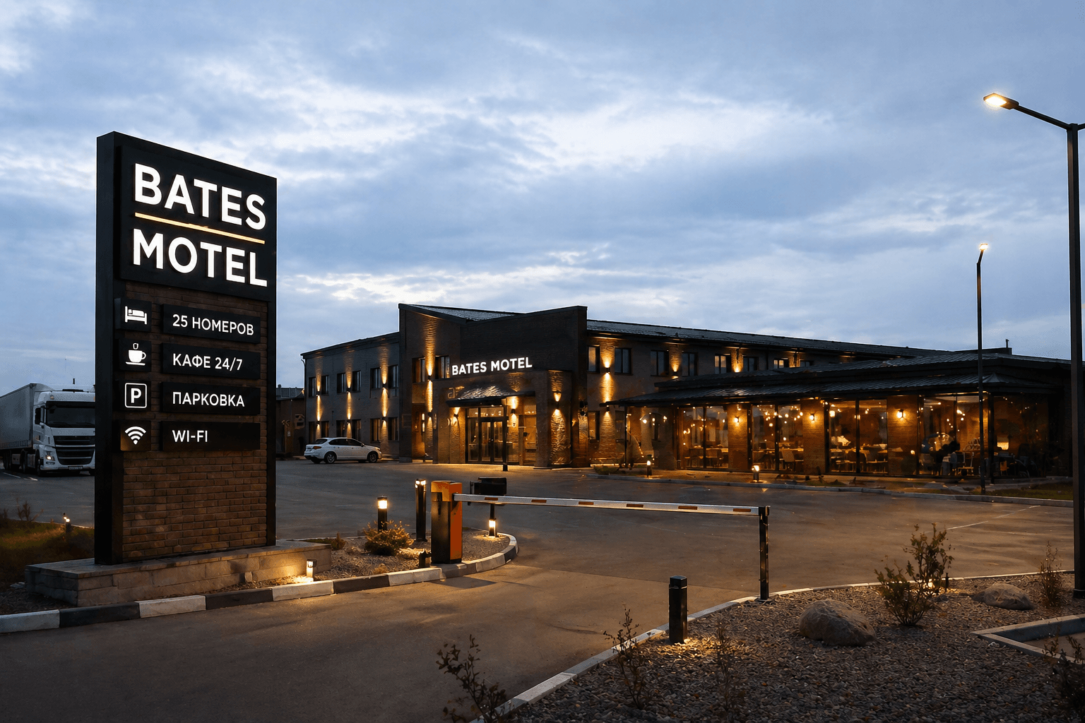 Придорожный мотель на 25 номеров с кафе и парковкой грузового и легкового транспорта на трассе Алматы — Бишкек